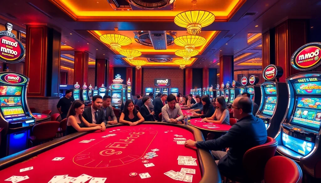 Experience the thrill of mmoo gaming with an upscale casino scene featuring vibrant poker chips and shining tables.