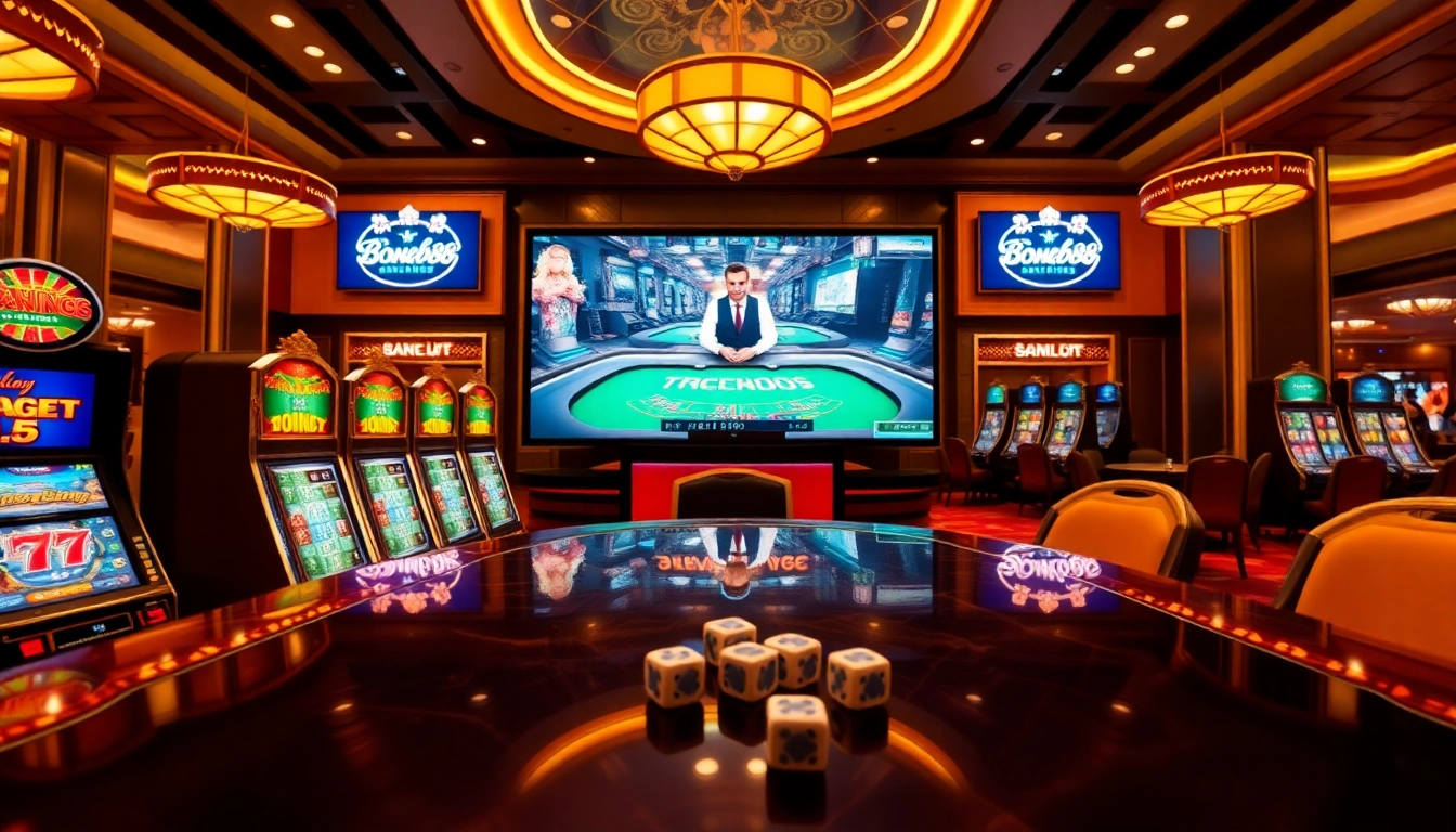 Bong88 live online casino atmosphere featuring vibrant slot machines and engaging dealer interactions.