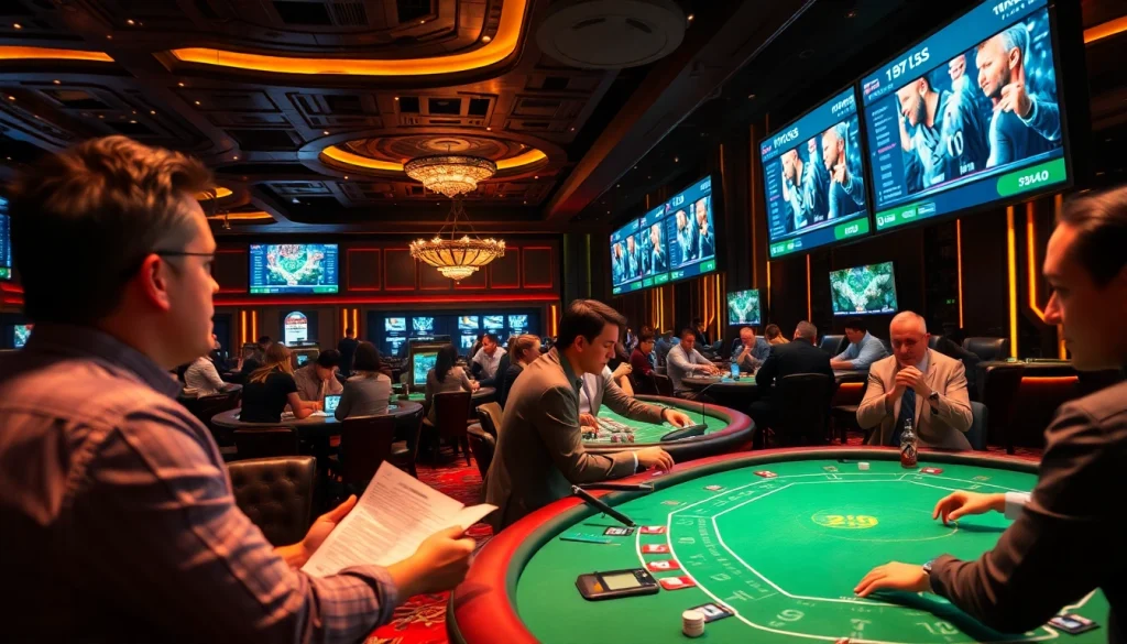 แทงบอล action with exciting bets at a lively casino, showcasing sports betting dynamics and poker tables.