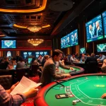 แทงบอล action with exciting bets at a lively casino, showcasing sports betting dynamics and poker tables.