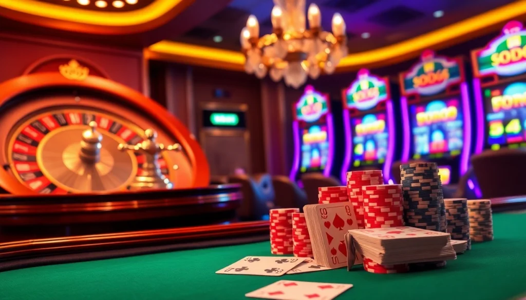 Experience the thrill of the game SODO66 with vibrant casino elements like roulette wheels and poker tables.