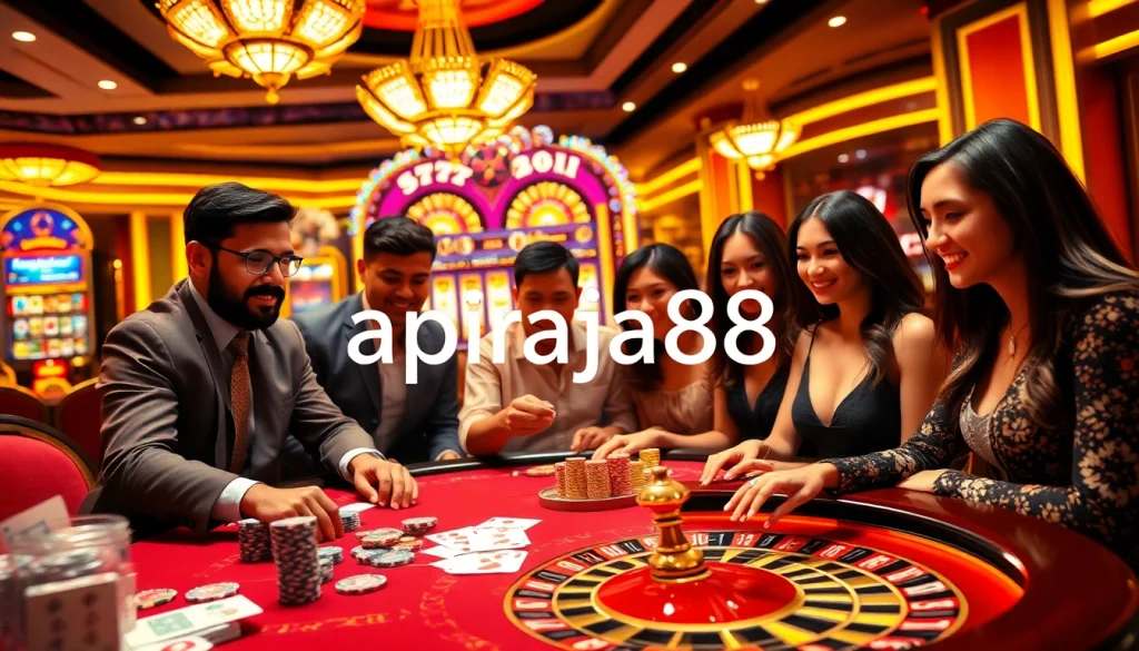 Players enjoying an exciting gambling atmosphere at Apiraja88, with vibrant casino elements like cards and a roulette wheel.