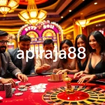 Players enjoying an exciting gambling atmosphere at Apiraja88, with vibrant casino elements like cards and a roulette wheel.