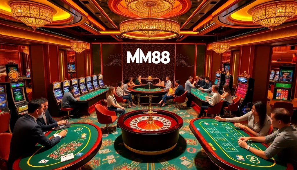MM88 players enjoying a thrilling experience at a luxurious casino table with vibrant gaming action.