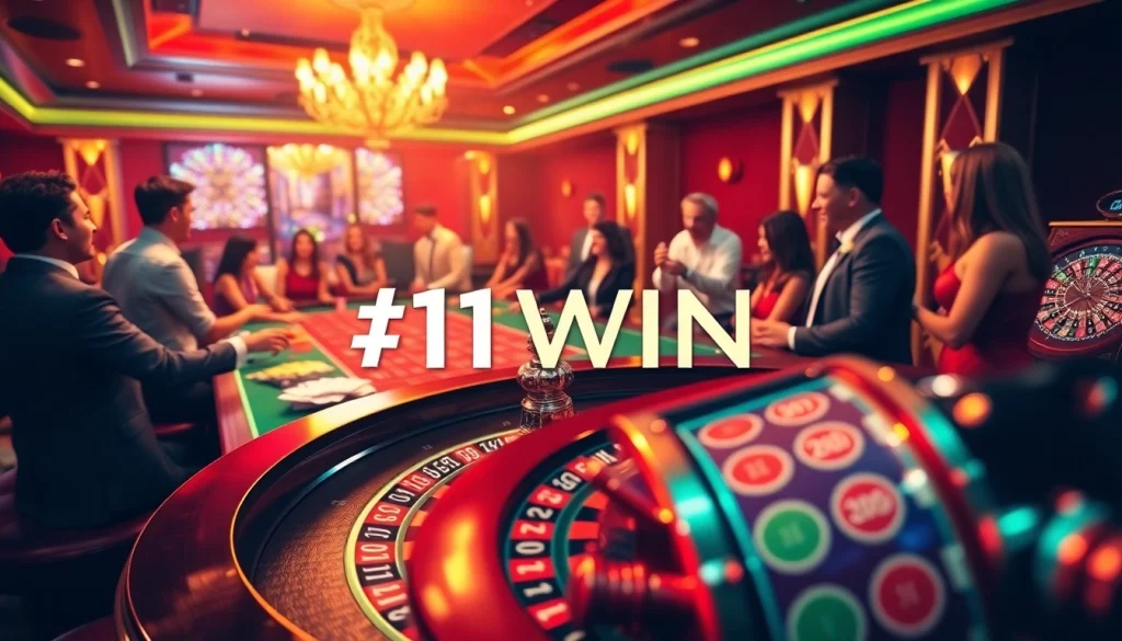 Experience the excitement at a luxurious casino table featuring 11WIN branding amidst vibrant gaming action.