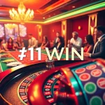 Experience the excitement at a luxurious casino table featuring 11WIN branding amidst vibrant gaming action.