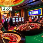 EE88 casino atmosphere with roulette wheels, poker tables, and vibrant slot machines.