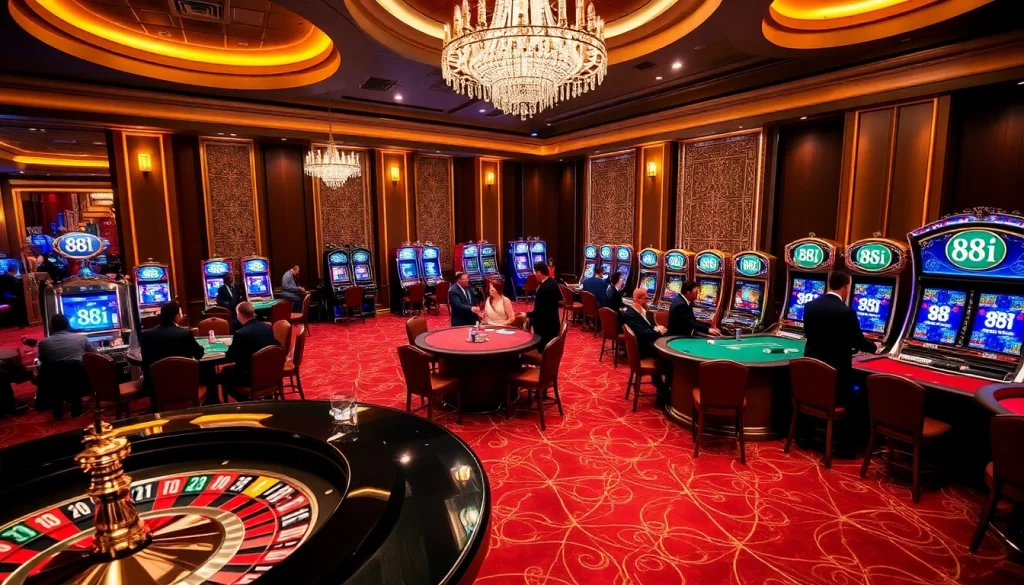 Players enjoying thrilling games at a casino with 88i branding and luxurious decor.