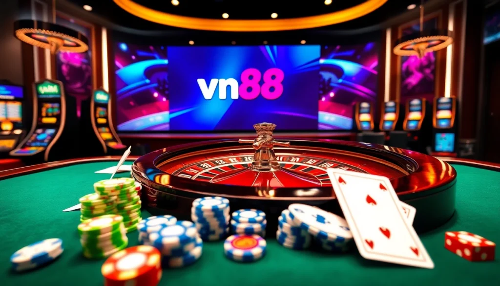 Experience the excitement of vn88 with an elegant casino table featuring poker chips and a roulette wheel.