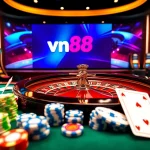 Experience the excitement of vn88 with an elegant casino table featuring poker chips and a roulette wheel.