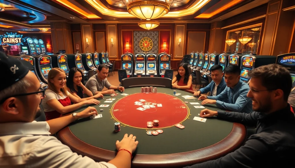 Engage in thrilling game bài đổi thưởng at a vibrant casino table filled with excitement and colorful poker chips.