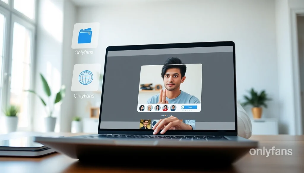 Reverse image search OnlyFans interface with user uploading photo on a laptop in a modern workspace.