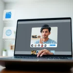 Reverse image search OnlyFans interface with user uploading photo on a laptop in a modern workspace.