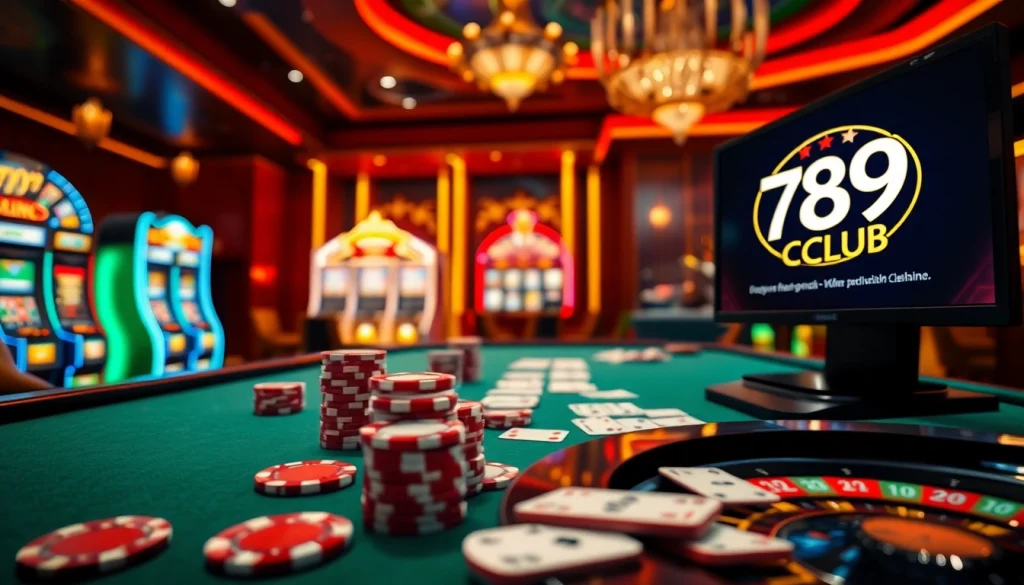Experience the thrill of 789CLUB at a luxurious poker table filled with vibrant chips and cards.