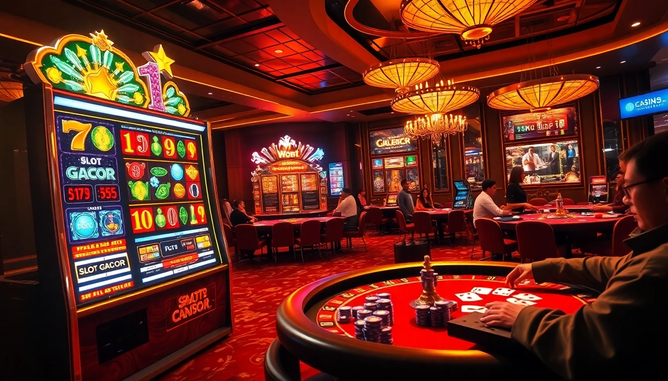 Players enjoying a thrilling game of slot gacor amidst vibrant casino lights and luxurious decor.