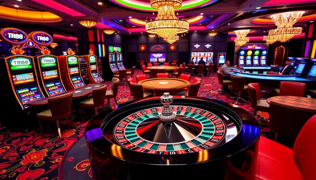 Playing TR88 at luxury casino with vibrant slot machines and elegant roulette