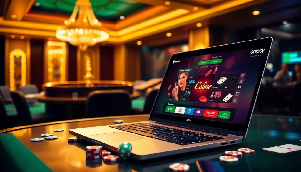Experience vibrant gameplay with onicplay login at a luxurious online casino, showcasing poker chips and a roulette wheel.