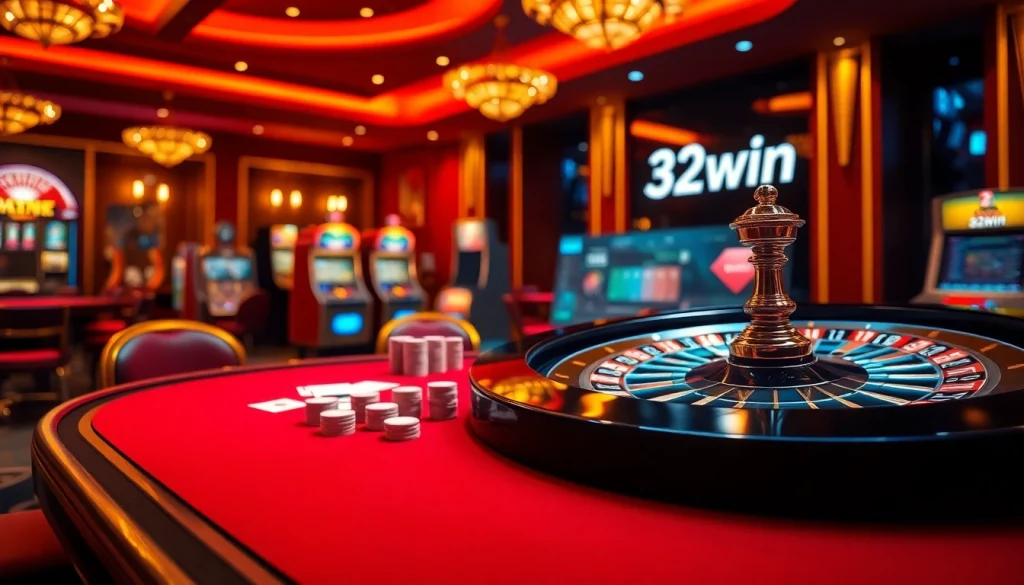 A poker table at a luxurious casino featuring 32win high-stakes chips and cards during an exciting game.