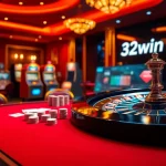 A poker table at a luxurious casino featuring 32win high-stakes chips and cards during an exciting game.