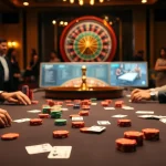 Experience thrilling poker action at 8kbet with vibrant chips and a luxurious casino atmosphere.