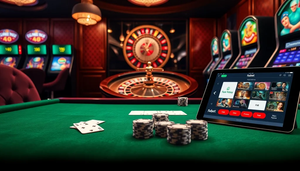 Betting with excitement at febet, showcasing a luxurious poker table and roulette wheel.