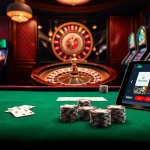 Betting with excitement at febet, showcasing a luxurious poker table and roulette wheel.