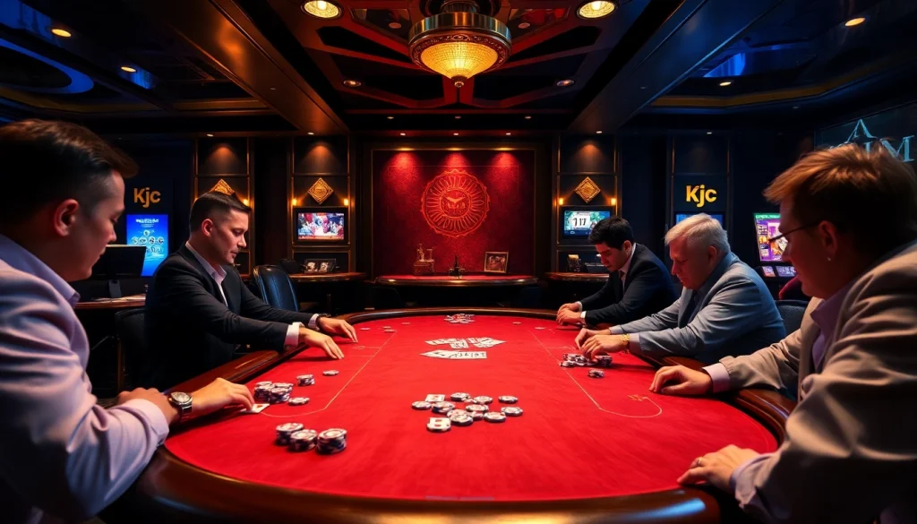 Intense poker game showcasing the thrilling atmosphere of the liên minh kjc with players and chips.