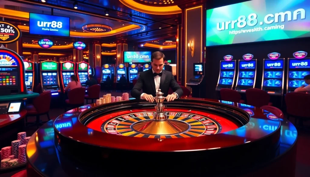 Play exciting games at https://urr88.com/, featuring a vibrant casino scene with roulette and poker.