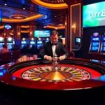 Play exciting games at https://urr88.com/, featuring a vibrant casino scene with roulette and poker.