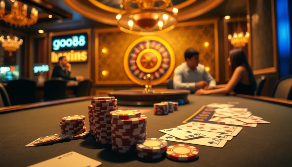 Engage in thrilling gameplay at the go88 casino, featuring a luxurious poker table with vibrant chips.