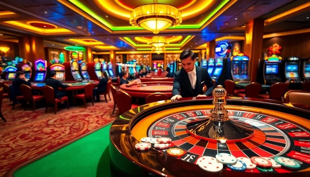 Resplendent roulette scene highlighting hướng dẫn xn88 with players engaging and colorful casino decor.