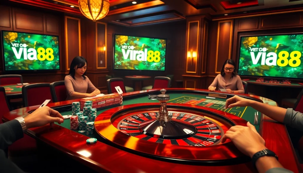Exciting casino action featuring the viral88 logo on vibrant gaming ads.