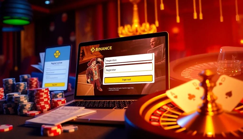 Engage in 바이낸스 회원가입 with an attractive online gambling scene featuring casino elements.