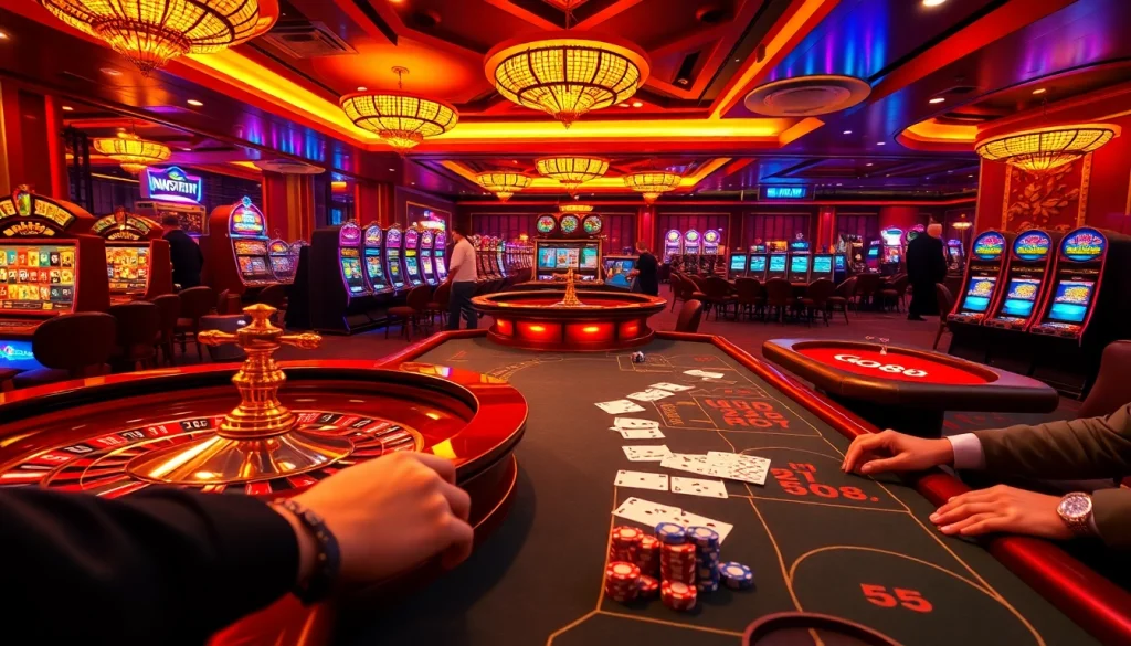 Experience the thrill of Go88 at a lavish casino, featuring vibrant slot machines and elegant poker tables.
