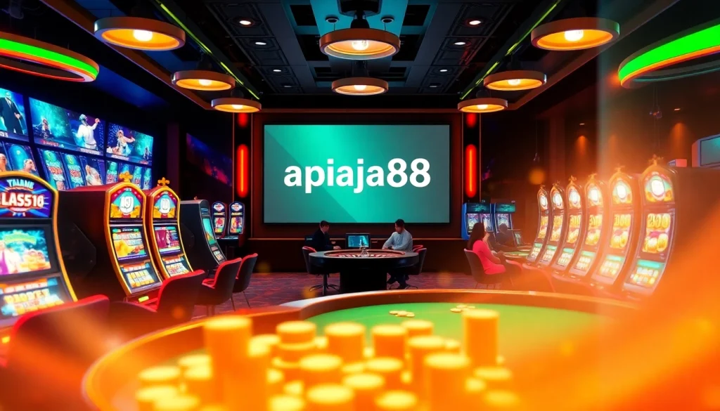 Experience the vibrant gaming atmosphere at apiraja88's luxurious casino, featuring slot machines and tables.