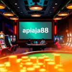 Experience the vibrant gaming atmosphere at apiraja88's luxurious casino, featuring slot machines and tables.