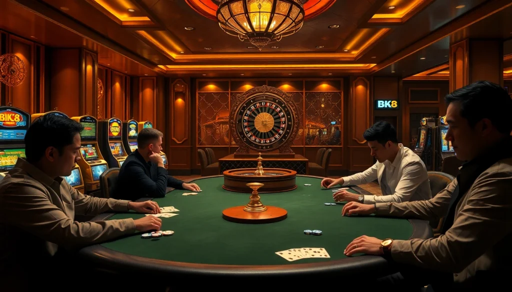 Experience the excitement of BK8 at a vibrant casino scene, featuring poker, roulette, and lavish decor.