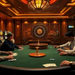 Experience the excitement of BK8 at a vibrant casino scene, featuring poker, roulette, and lavish decor.
