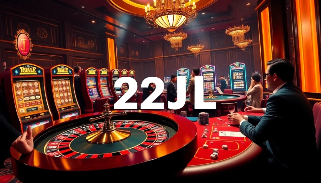 Casino excitement at 22JL with players at roulette and poker tables, capturing thrilling gameplay.