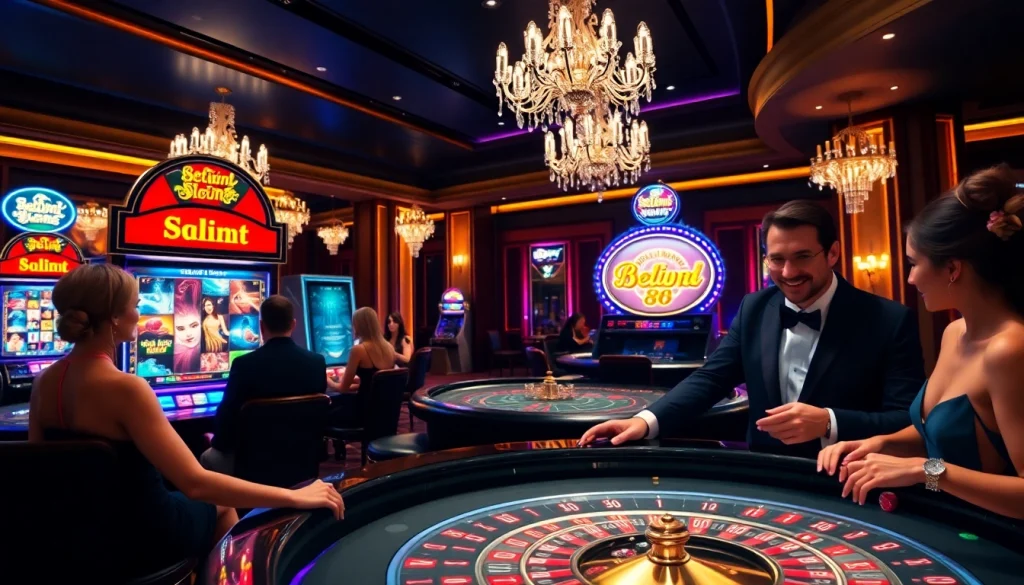 Experience thrilling gameplay at Betwin88 with vibrant slot machines and elegant gamblers.
