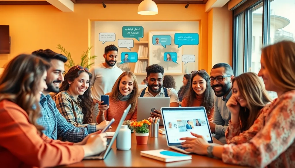 مشهد مُشارك يجمع أشخاصاً من خلفيات متعددة وهم يتبادلون الحديث عبر منصة شات عربي على الإنترنت، يعكس الاتصال والتفاعل.