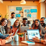 مشهد مُشارك يجمع أشخاصاً من خلفيات متعددة وهم يتبادلون الحديث عبر منصة شات عربي على الإنترنت، يعكس الاتصال والتفاعل.