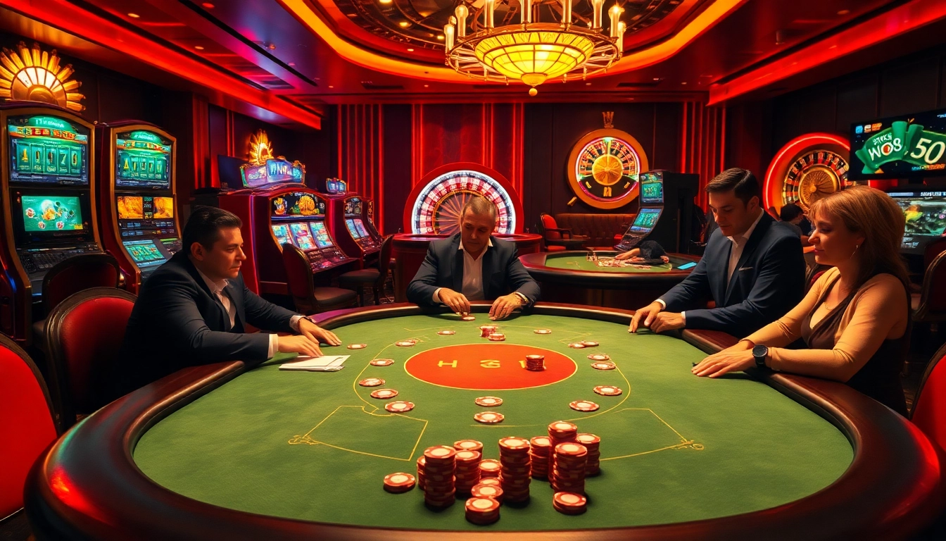 Players enjoying high-stakes poker at a luxurious casino table inspired by hm88.com