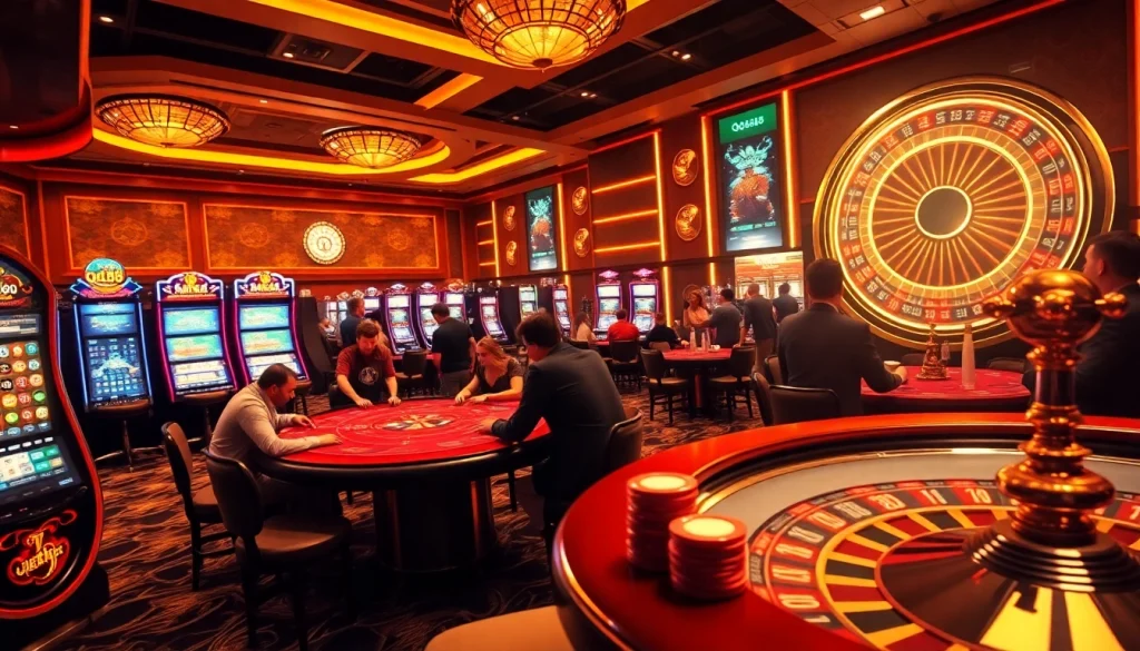 Engaged players experiencing thrilling QH88 online gaming at a vibrant casino.