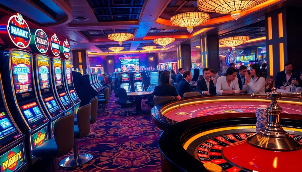 Nổ Hũ gaming excitement with vibrant slot machines and players at poker tables in a luxurious casino