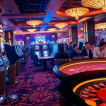 Nổ Hũ gaming excitement with vibrant slot machines and players at poker tables in a luxurious casino