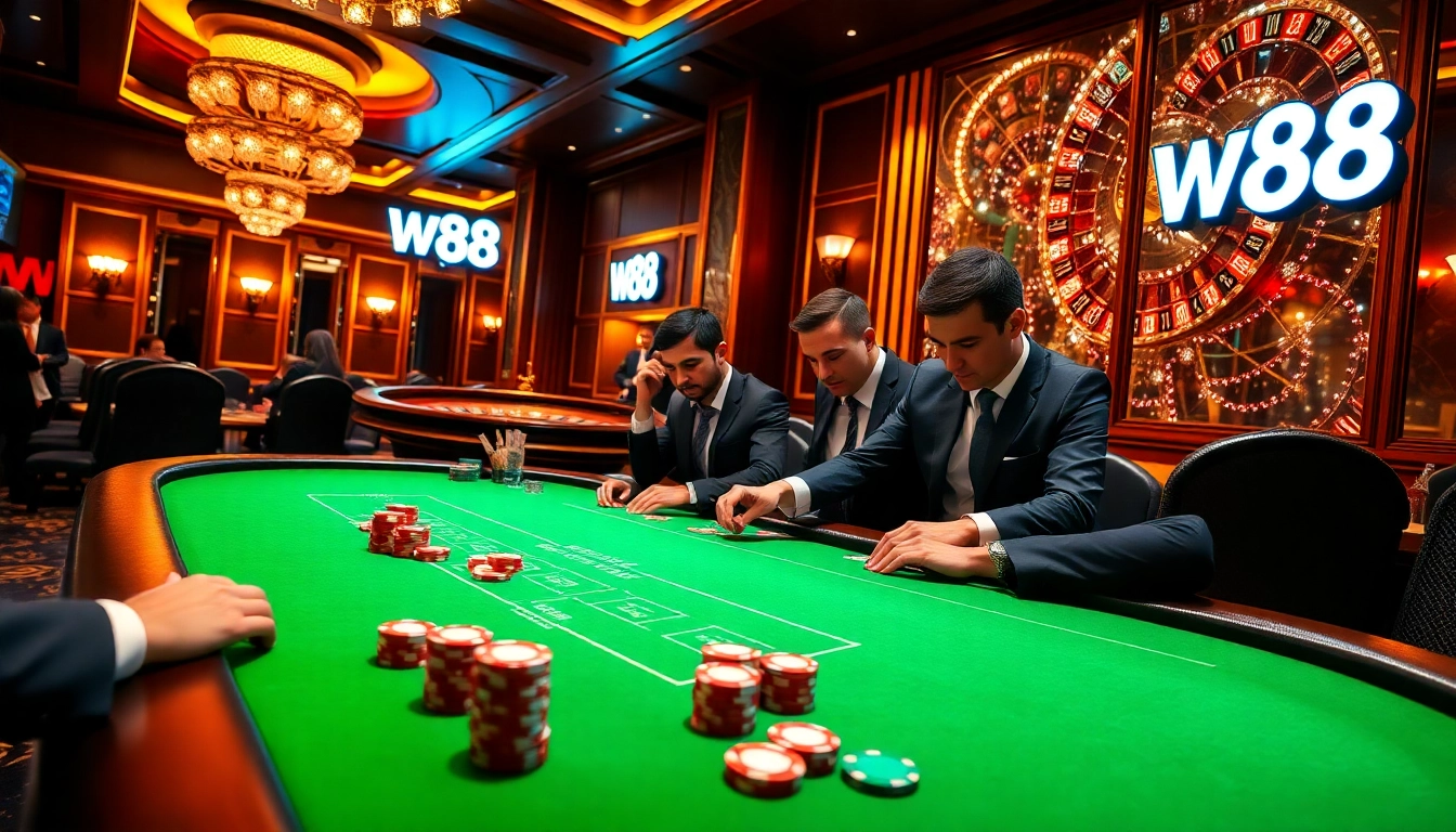 Players enjoying high-stakes poker at W88 casino, featuring vibrant colors and excitement.