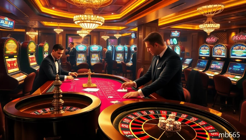 Gamblers strategizing at a poker table with mb66 branding, depicting a lively casino atmosphere.