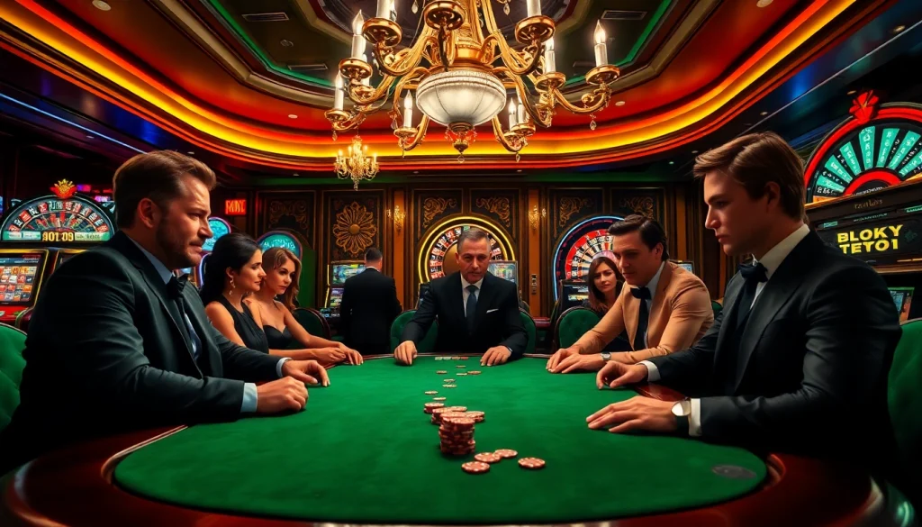 F168 players calculating odds at a luxurious casino poker table, surrounded by vibrant slot machines.