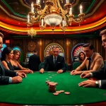 F168 players calculating odds at a luxurious casino poker table, surrounded by vibrant slot machines.